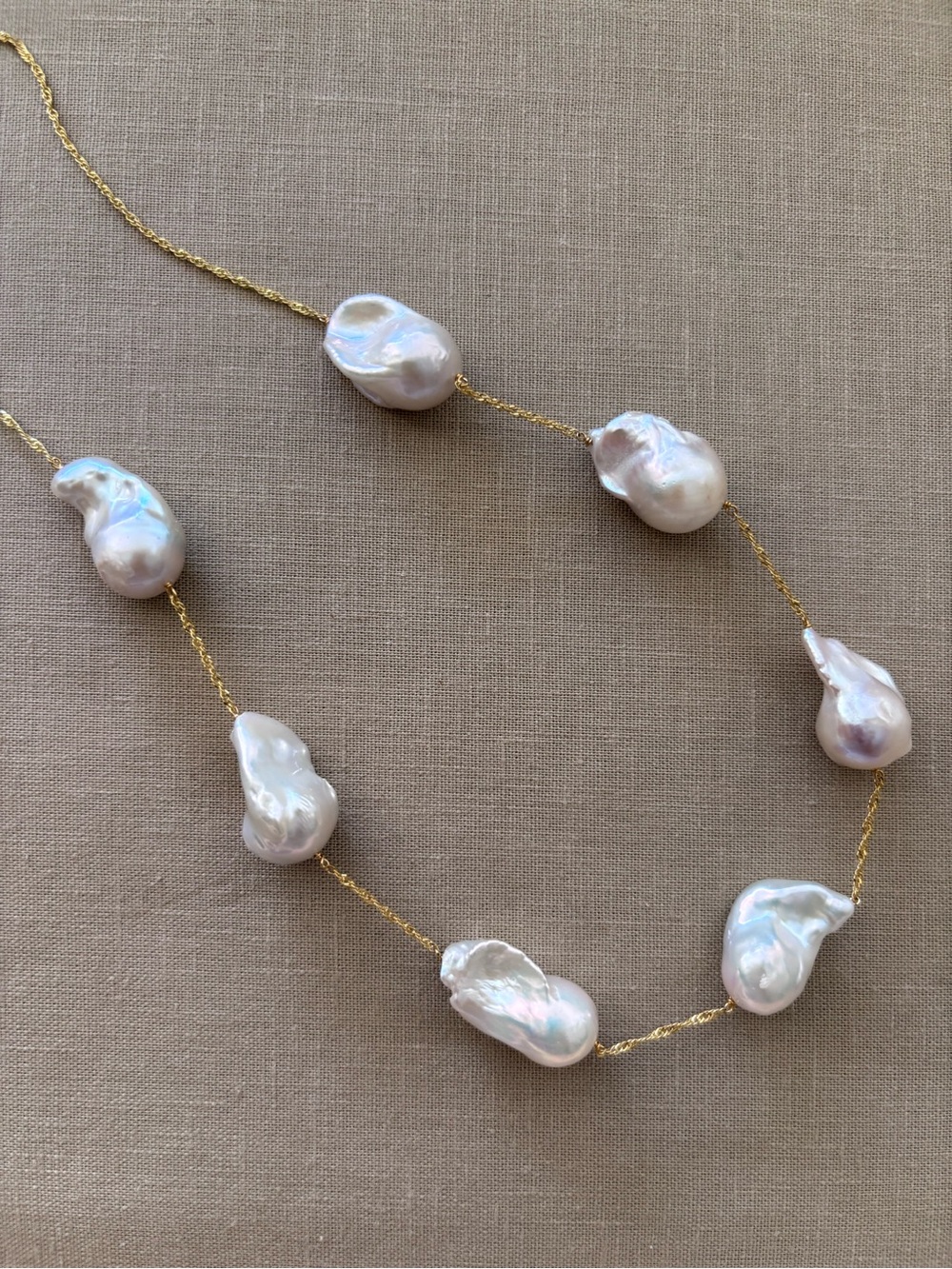 Luxury Real Baroque Pearl Station Necklace - Gold Chain